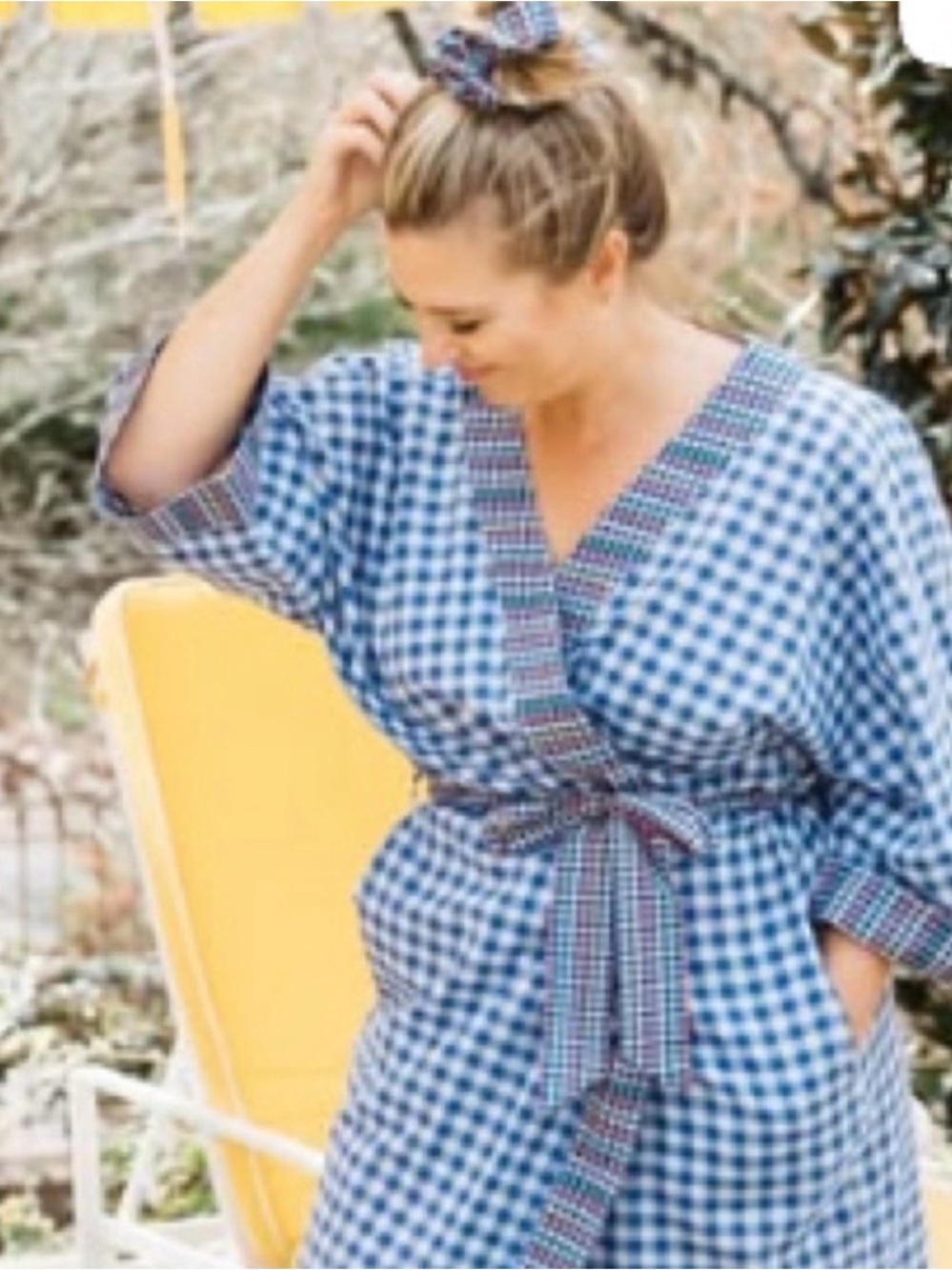Noonday Collection Blue White Gingham Checked Kimono Robe Size M/L